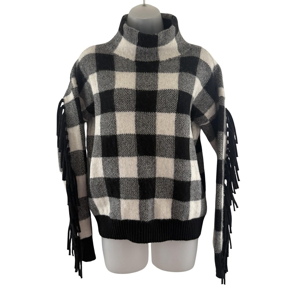 Lauren Ralph Lauren Sweater Womens Petite Small Buffalo Check‎ Fringe Mock Neck